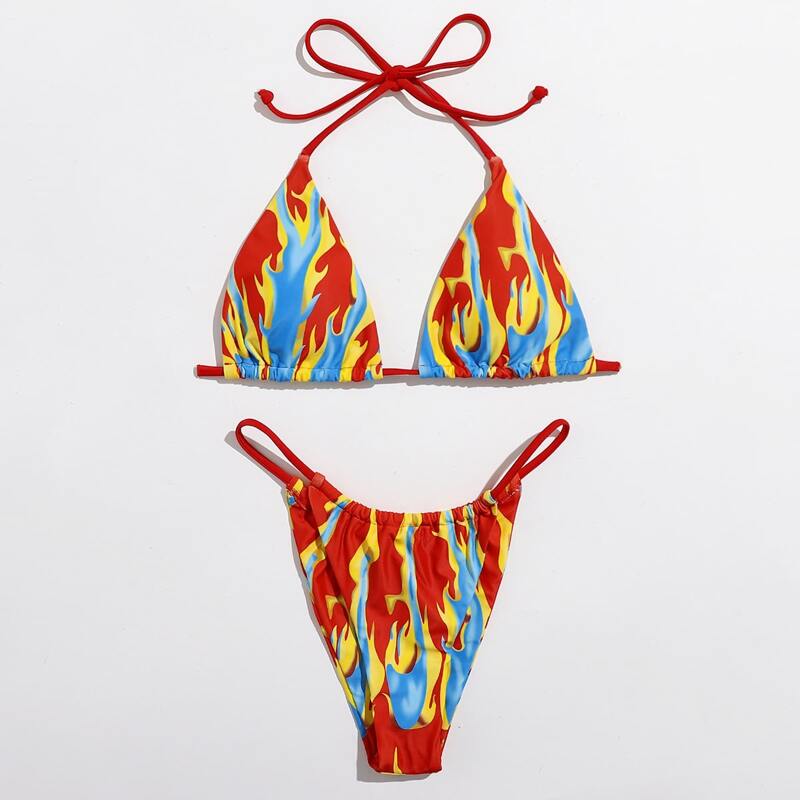 

Fire Print Triangle Thong Bikini Swimsuit, Multicolor