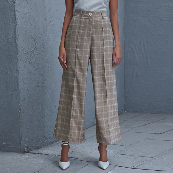 

Button Waist Plaid Wide Leg Pants, Khaki