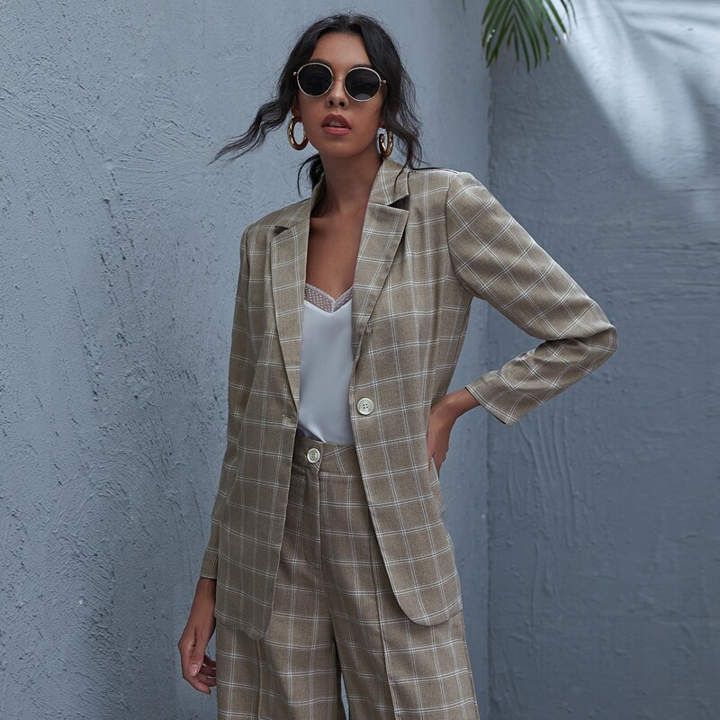 

Single Button Plaid Blazer, Khaki