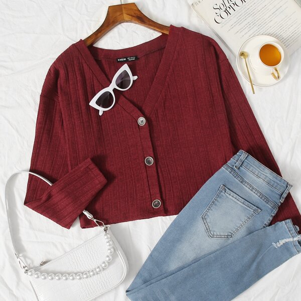 

Drop Shoulder Buttoned Jacket, Burgundy