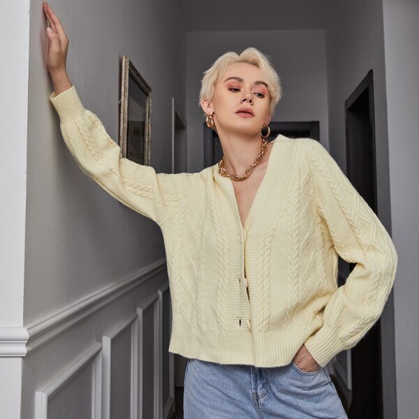 

Button Front Mixed Knit Cardigan, Beige