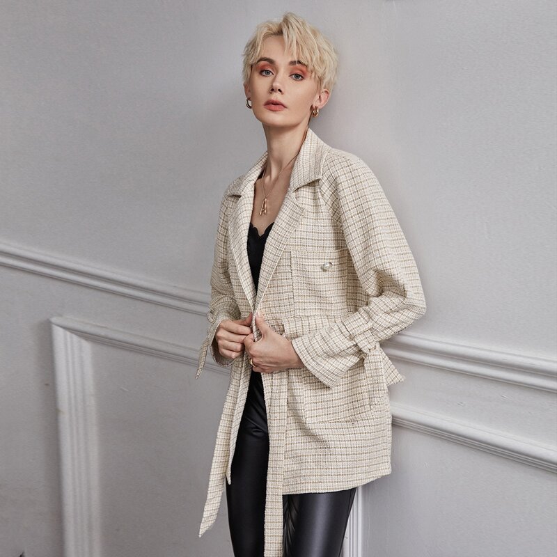 

Drawstring Waist Plaid Tweed Blazer, Apricot