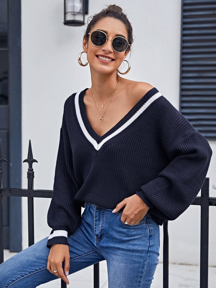 V Neck Striped Drop Shoulder Sweater - Navy Blue - View 1