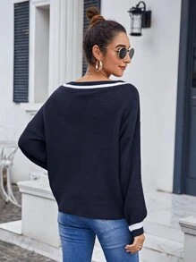 V Neck Striped Drop Shoulder Sweater - Navy Blue - View 2