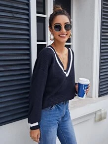 V Neck Striped Drop Shoulder Sweater - Navy Blue - View 3