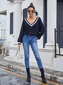 V Neck Striped Drop Shoulder Sweater - Navy Blue - View 4