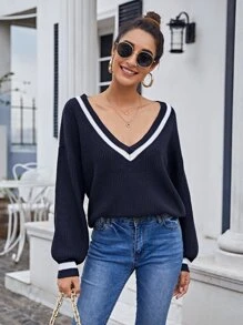 V Neck Striped Drop Shoulder Sweater - Navy Blue - View 5