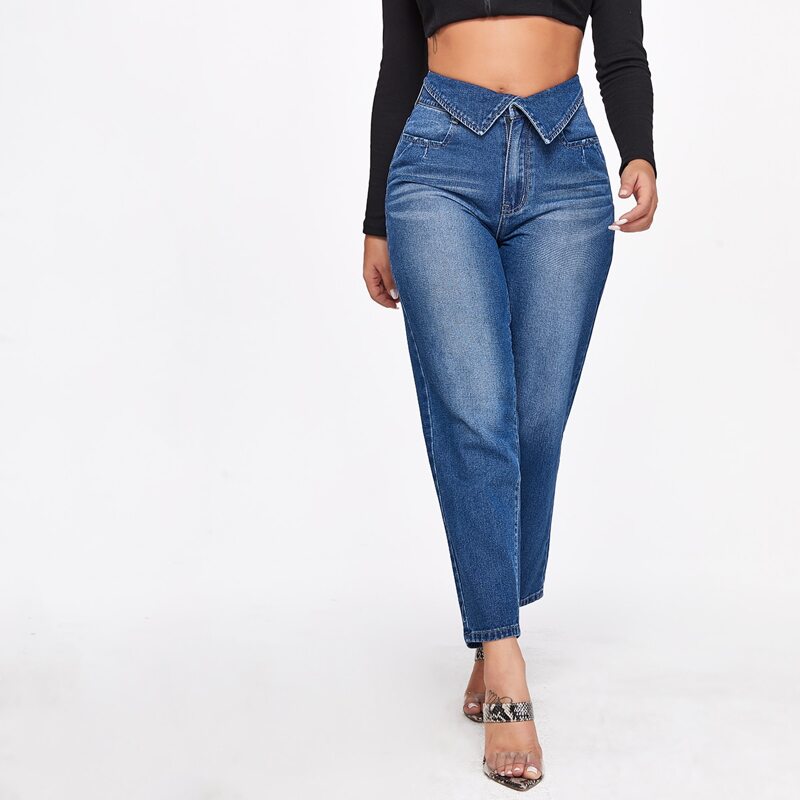 

Curvy Foldover Waist Tapered Jeans, Dark wash