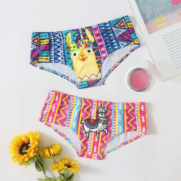 

2pack Cartoon & Geo Print Panty Set, Multicolor