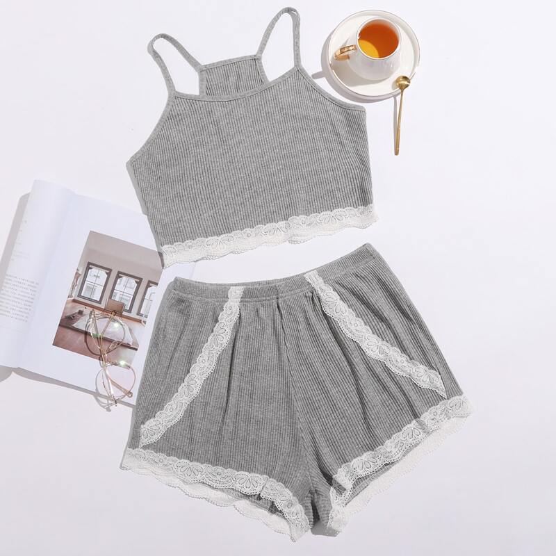 

Contrast Lace Cami PJ Set, Grey
