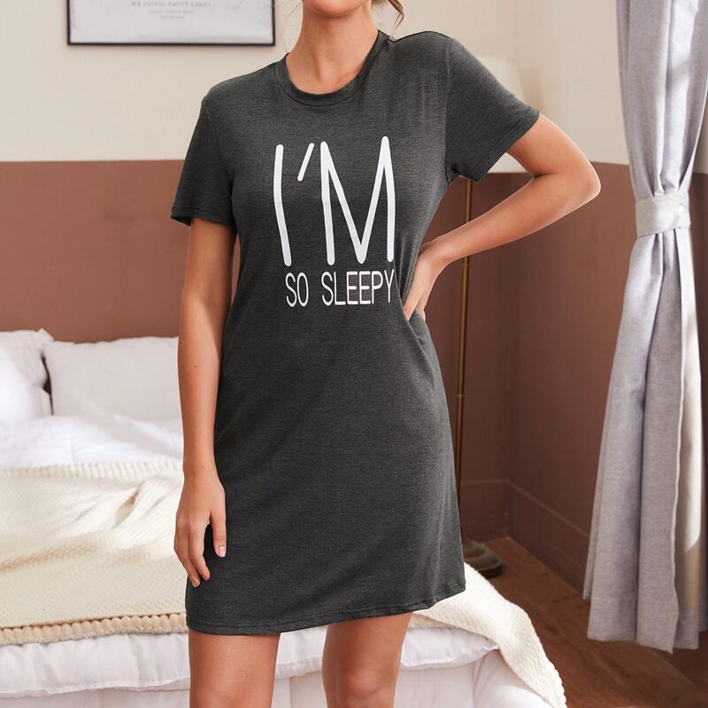 

Slogan Graphic Night Dress, Dark grey
