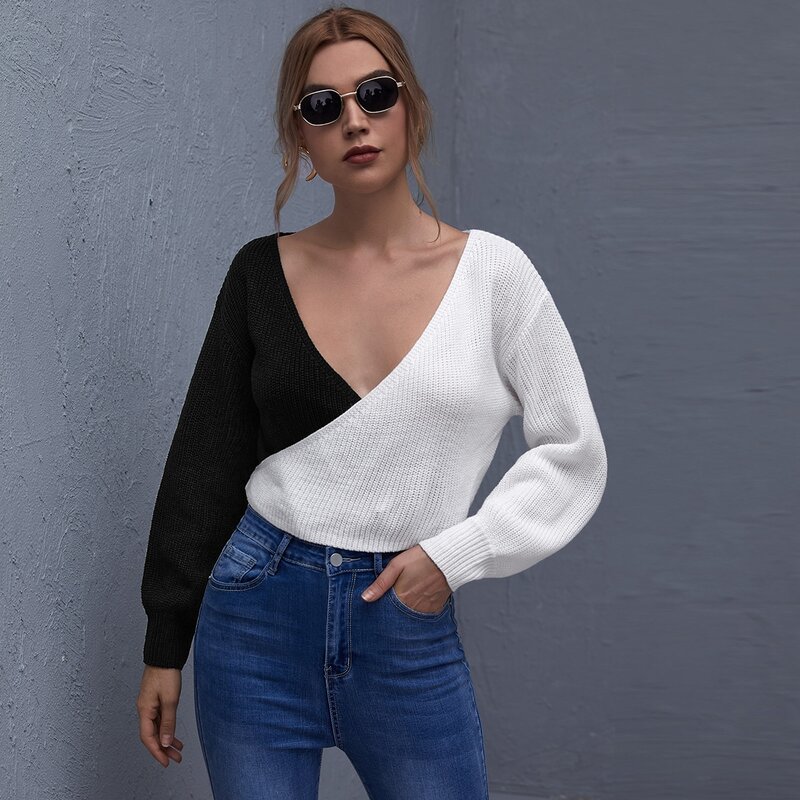 

Surplice Neck Tie Back Two Tone Sweater, Black and white
