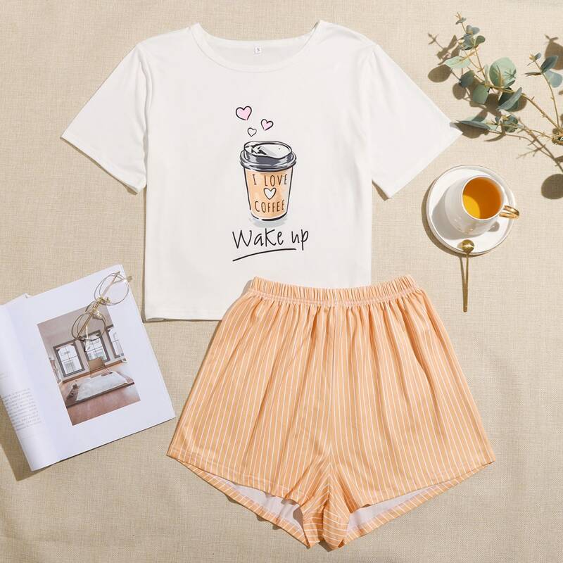 

Cartoon Graphic Tee & Striped Shorts PJ Set, Multicolor