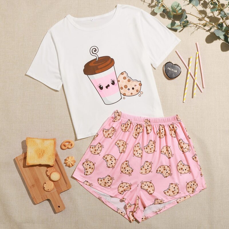 

Cartoon Graphic Tee & Shorts PJ Set, Multicolor