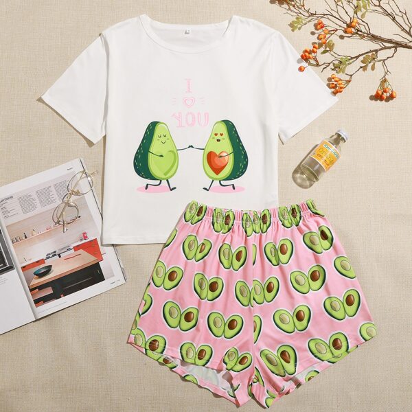 

Slogan And Cartoon Graphic Tee & Shorts PJ Set, Multicolor