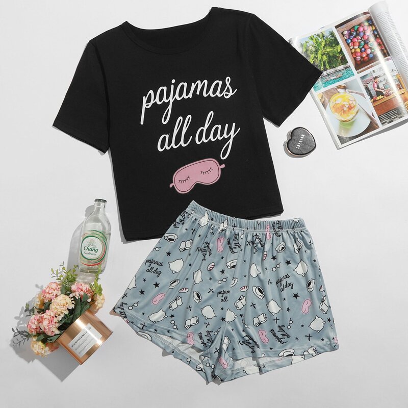 

Slogan And Cartoon Graphic Tee & Shorts PJ Set, Multicolor