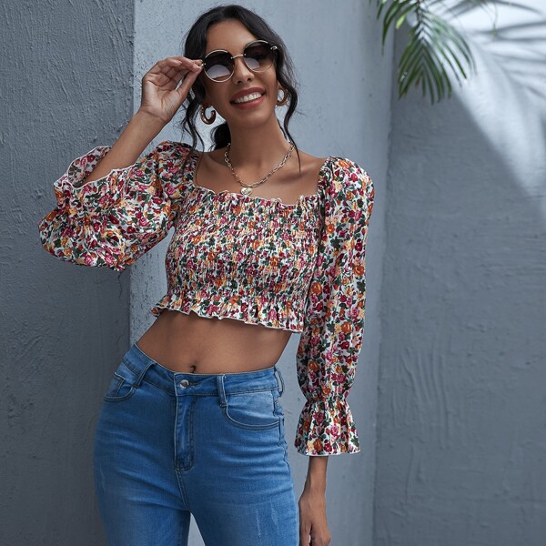

Flounce Sleeve Ruffle Trim Shirred Floral Crop Top, Multicolor