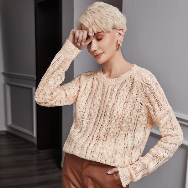 

Raglan Sleeve Cable Knit Sweater, Apricot