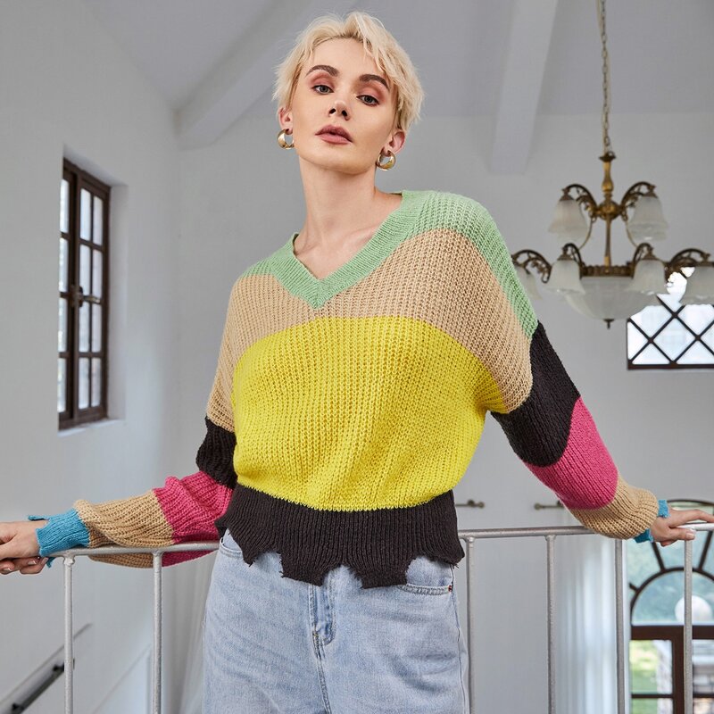 

Drop Shoulder Colorblock Ripped Hem Sweater, Multicolor