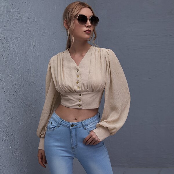 

Button Front Ruched Detail Crop Blouse, Apricot