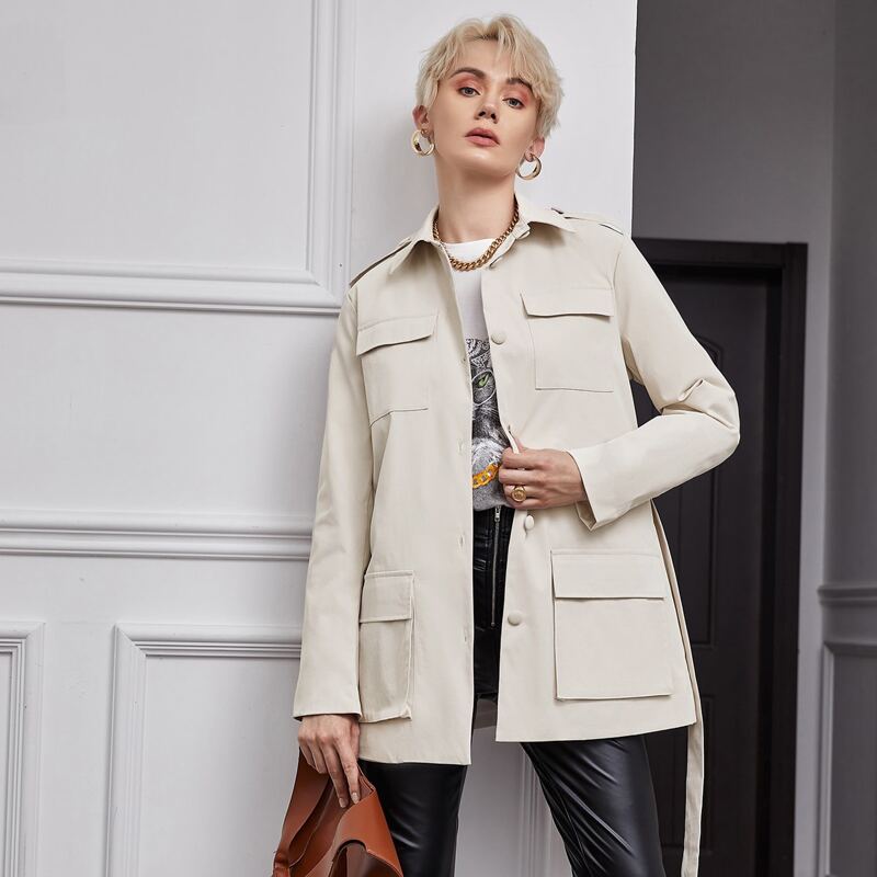 

Flap Pocket Belted Coat, Beige