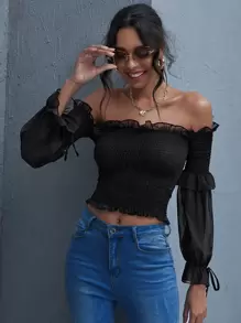 Ruffle Trim Shirred Bardot Top - Black - View 1