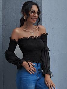 Ruffle Trim Shirred Bardot Top - Black - View 5