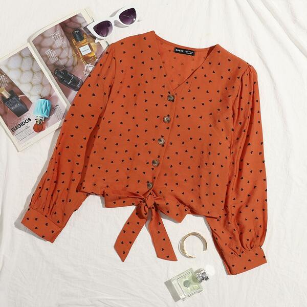 

Heart Print Tie Front Button Through Blouse, Burnt orange