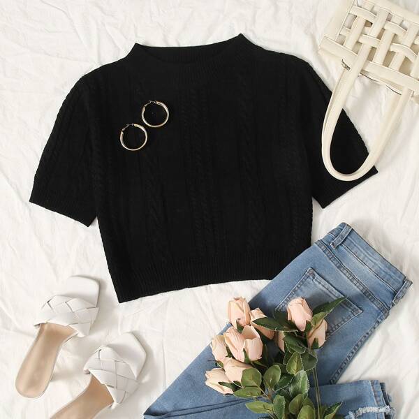 

Solid Cable Knit Crop Top, Black