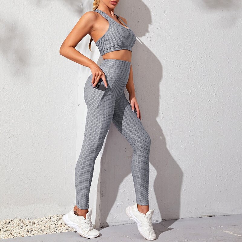 

Criss Cross Back Sports Bra & Leggings With Phone Pocket, Grey