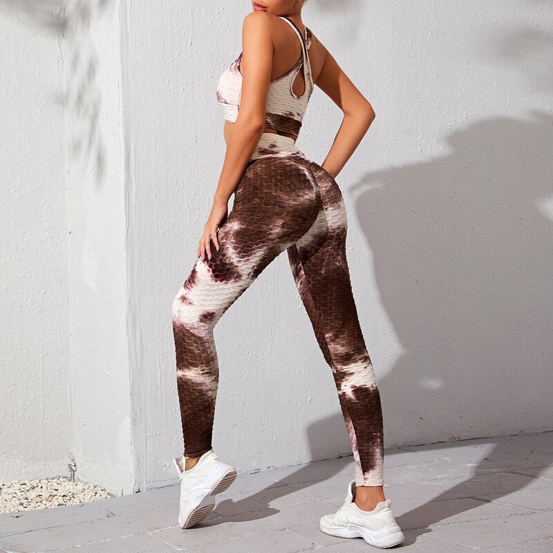 

Tie Dye Criss Cross Back Sports Bra & Leggings, Chocolate brown