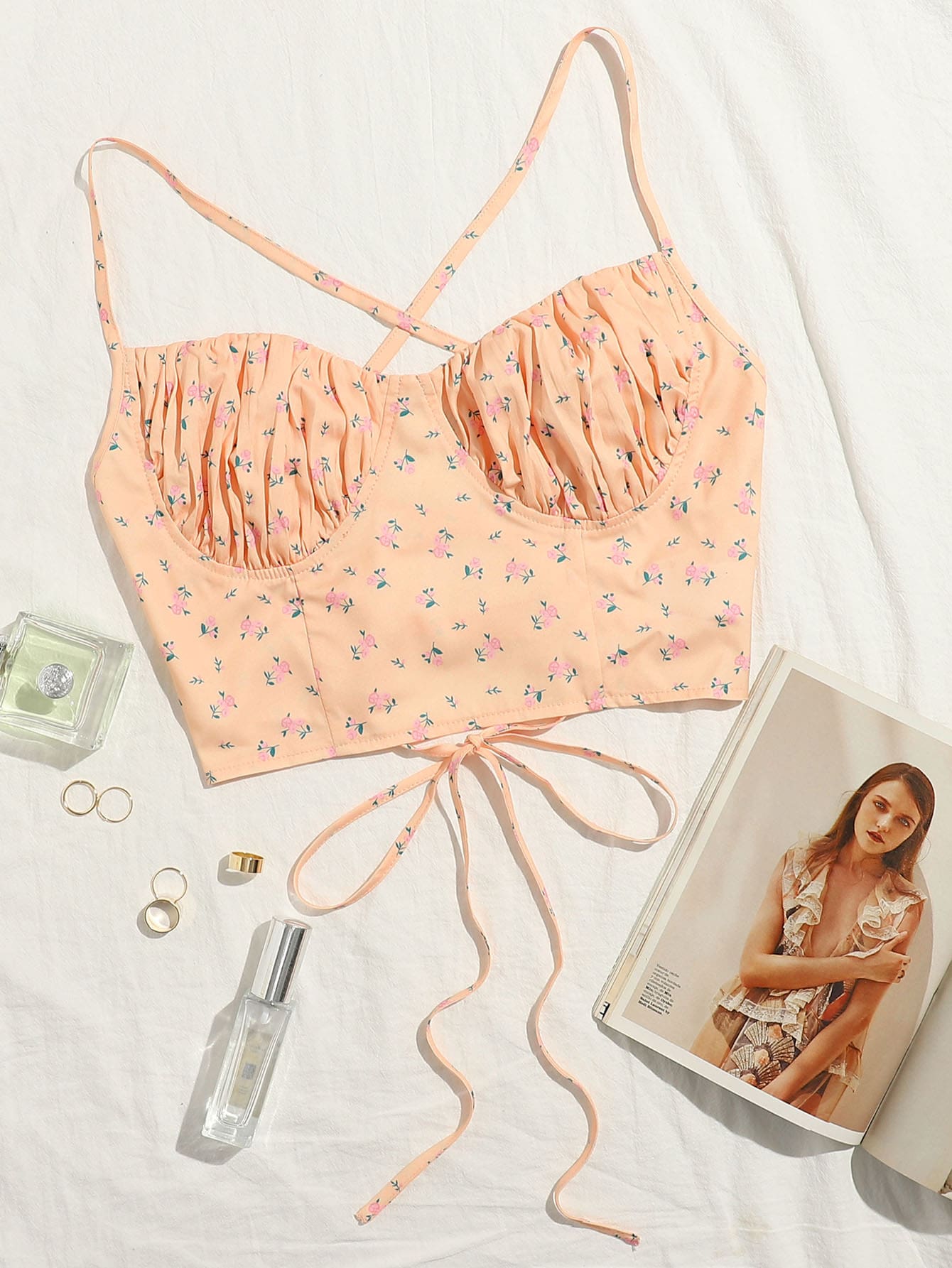 Ruched Bust Lace Up Back Ditsy Floral Cami Top - Baby Pink - View 1