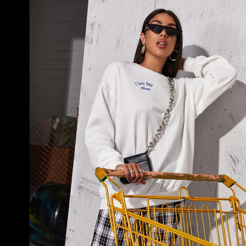 

Drop Shoulder Letter Embroidery Pullover, White