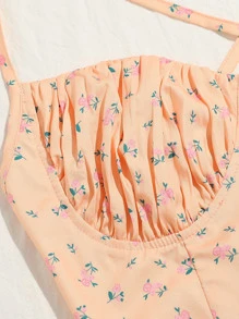 Ruched Bust Lace Up Back Ditsy Floral Cami Top - Baby Pink - View 3