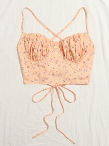 Ruched Bust Lace Up Back Ditsy Floral Cami Top - Baby Pink - View 5