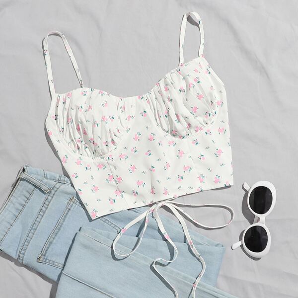 

Ditsy Floral Lace-Up Cami Crop Top, White