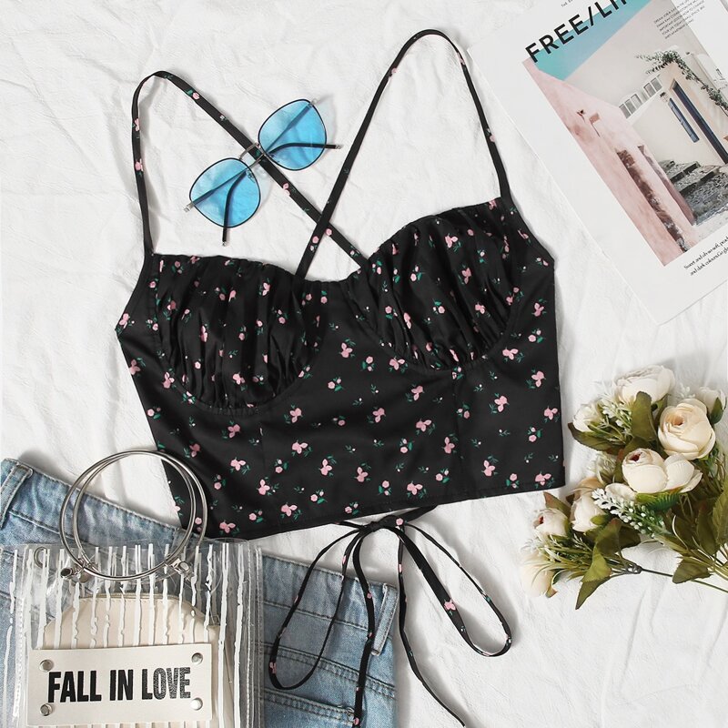 

Ditsy Floral Lace-Up Cami Crop Top, Black