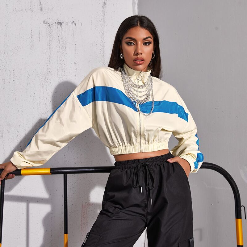 

Drop Shoulder Zip Up Two Tone Wind Jacket, Beige