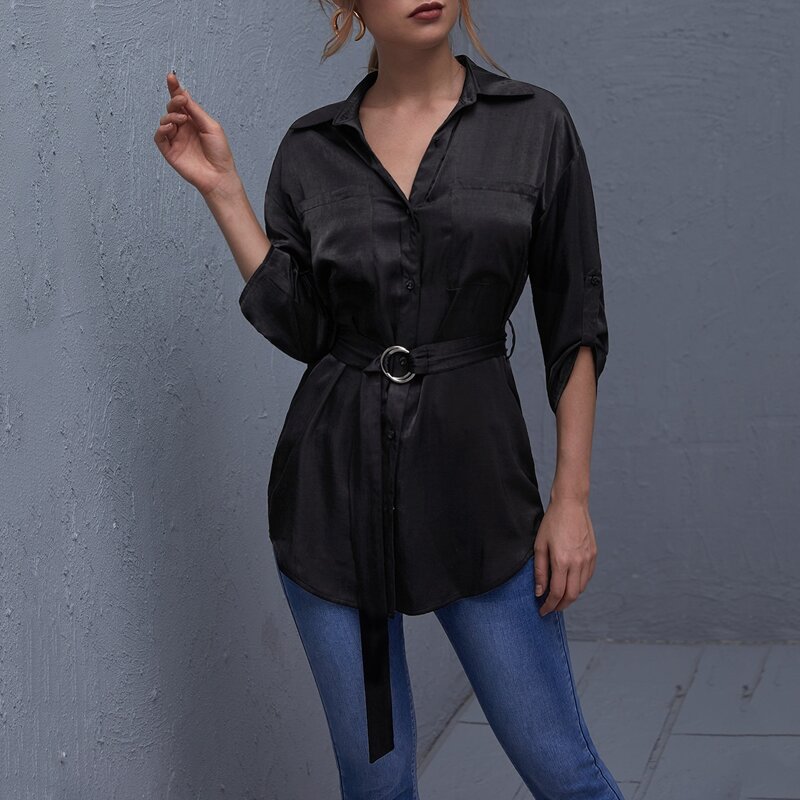 

Rolled Tab Sleeve Belted Longline Blouse, Black