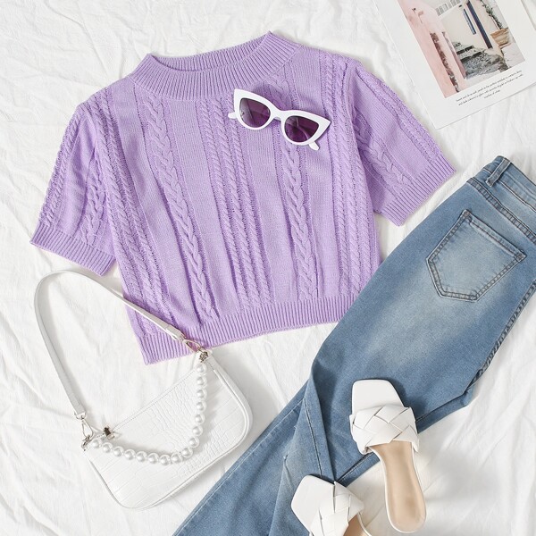 

Solid Cable Knit Crop Top, Lilac purple