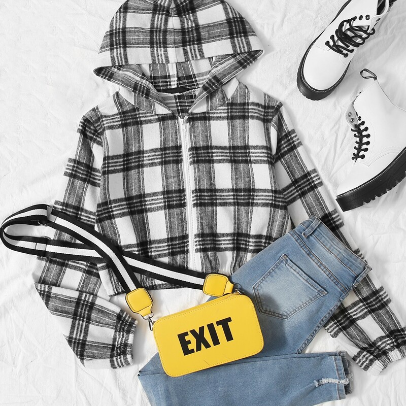 

Plaid Print Zip Up Hoodie, Black and white