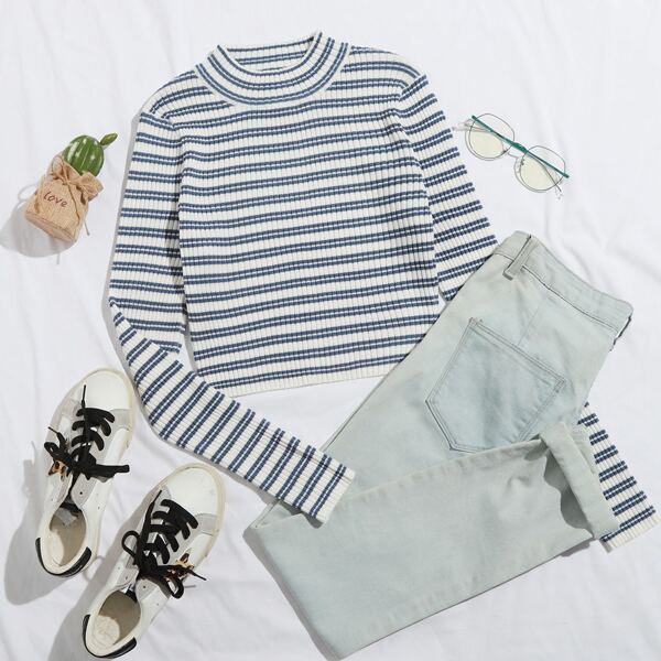 

Striped Rib-knit Sweater, Blue and white