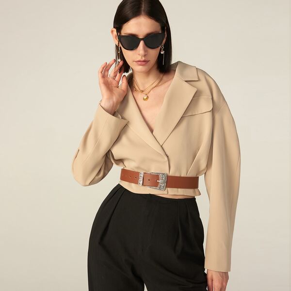 

FLAP DETAIL CROP BLAZER WITHOUT BELT, Khaki