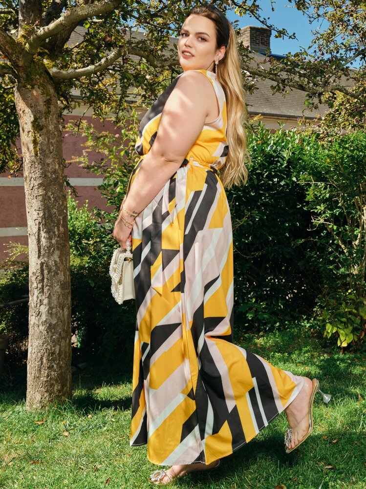 SHEIN Clasi Plus Size Color Block Geo Belted שמלת - ריבוי צבעים - ראה 3
