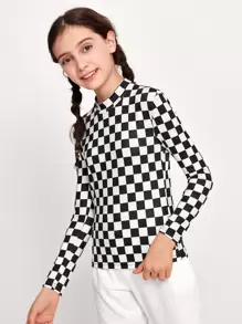 SHEIN Leap Crew Tween Girl Mock Neck Checker Top - Black and White - View 4