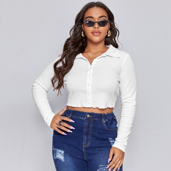 

Plus Lettuce Trim Rib-knit Button Placket Tee, White