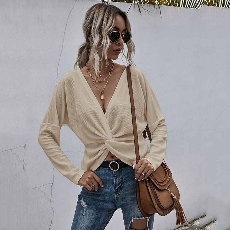 

Twist Front Drop Shoulder Solid Tee, Apricot