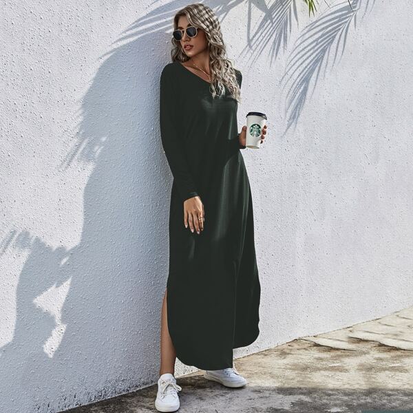 

Solid V Neck Split Hem Tee Dress, Dark green