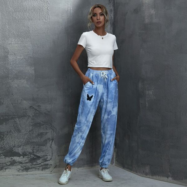 

Butterfly Print Tie Dye Sweatpants, Blue and white