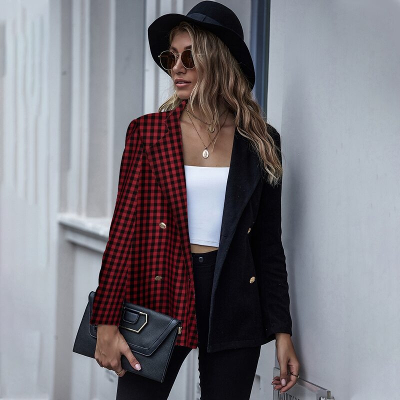 

Contrast Gingham Double-breasted Blazer, Multicolor